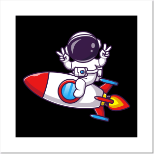 Astronaut Riding Rocket With Peace Hand Cartoon Posters and Art